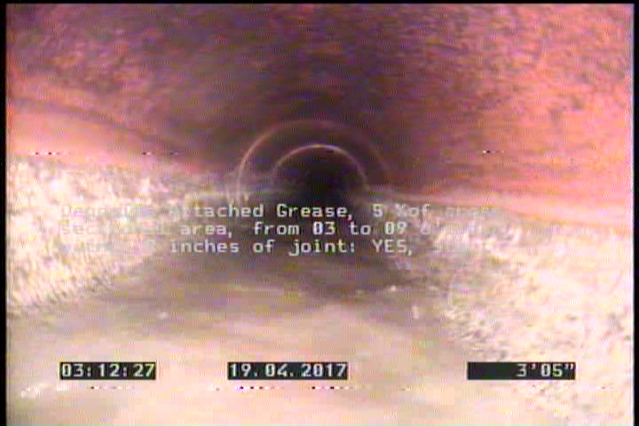 Deposits Attached Grease, 5 %of cross sectional area, from 03 to 09 o'clock, , within 8 inches of joint: YES, Start