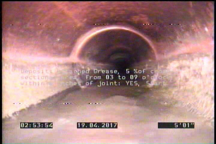 Deposits Attached Grease, 5 %of cross sectional area, from 03 to 09 o'clock, , within 8 inches of joint: YES, Start