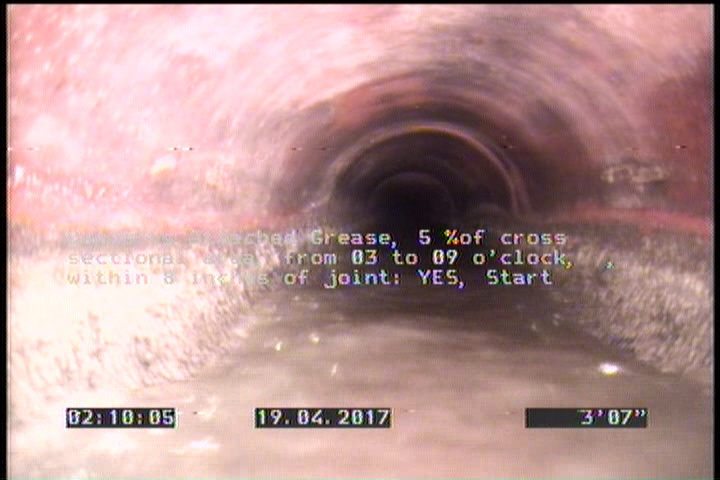 Deposits Attached Grease, 5 %of cross sectional area, from 03 to 09 o'clock, , within 8 inches of joint: YES, Start