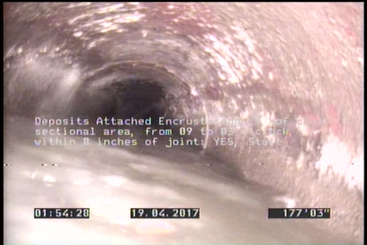Deposits Attached Encrustation, 5 %of cross sectional area, from 09 to 03 o'clock, , within 8 inches of joint: YES, Start