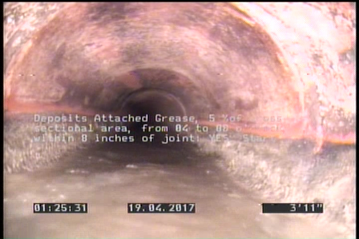 Deposits Attached Grease, 5 %of cross sectional area, from 04 to 08 o'clock, , within 8 inches of joint: YES, Start