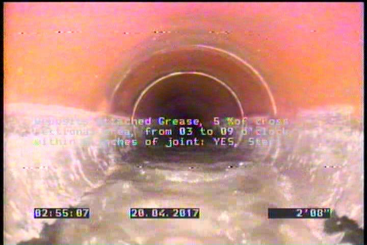 Deposits Attached Grease, 5 %of cross sectional area, from 03 to 09 o'clock, , within 8 inches of joint: YES, Start