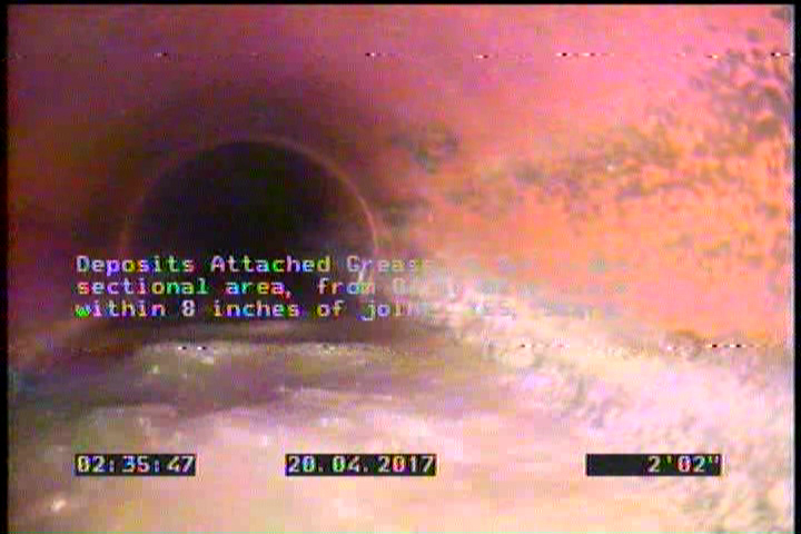 Deposits Attached Grease, 5 %of cross sectional area, from 04 to 08 o'clock, , within 8 inches of joint: YES, Start
