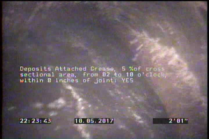 Deposits Attached Grease, 5 %of cross sectional area, from 02 to 10 o'clock, , within 8 inches of joint: YES
