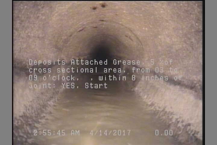 Deposits Attached Grease, 5 %of cross sectional area, from 03 to 09 o'clock, , within 8 inches of joint: YES, Start
