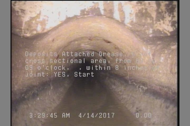 Deposits Attached Grease, 5 %of cross sectional area, from 03 to 09 o'clock, , within 8 inches of joint: YES, Start