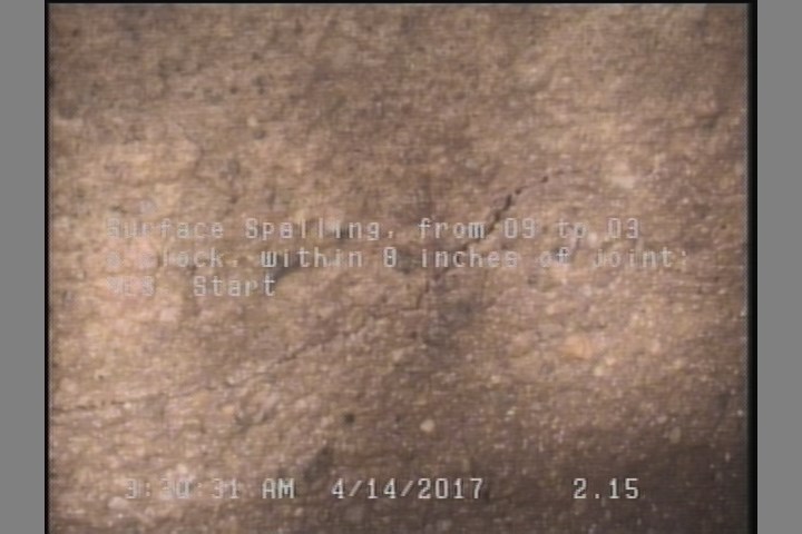 Surface Spalling, from 09 to 03 o'clock, within 8 inches of joint: YES, Start