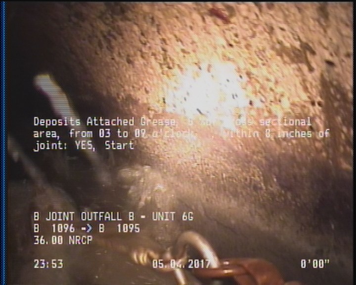 Deposits Attached Grease, 5 %of cross sectional area, from 03 to 09 o'clock, , within 8 inches of joint: YES, Start