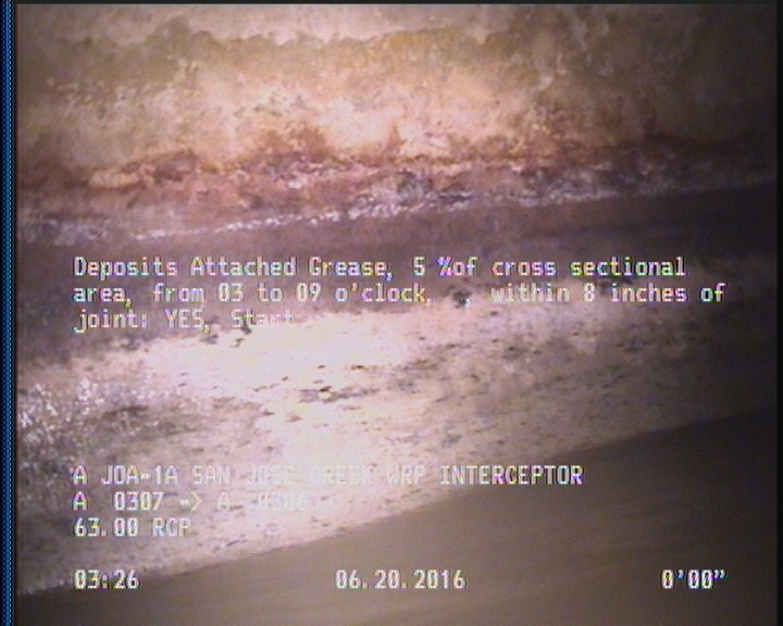 Deposits Attached Grease, 5 %of cross sectional area, from 03 to 09 o'clock, , within 8 inches of joint: YES, Start