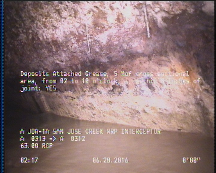 Deposits Attached Grease, 5 %of cross sectional area, from 02 to 10 o'clock, , within 8 inches of joint: YES