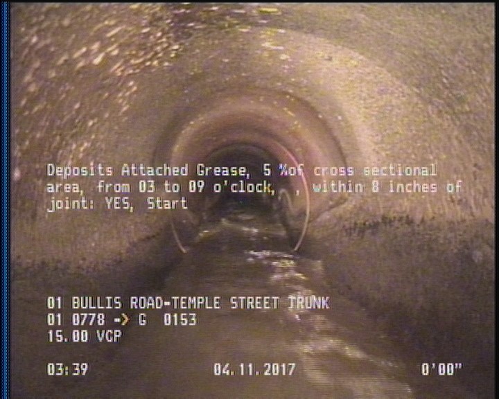Deposits Attached Grease, 5 %of cross sectional area, from 03 to 09 o'clock, , within 8 inches of joint: YES, Start
