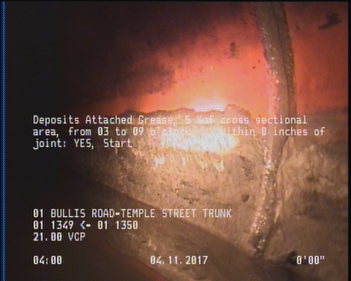 Deposits Attached Grease, 5 %of cross sectional area, from 03 to 09 o'clock, , within 8 inches of joint: YES, Start