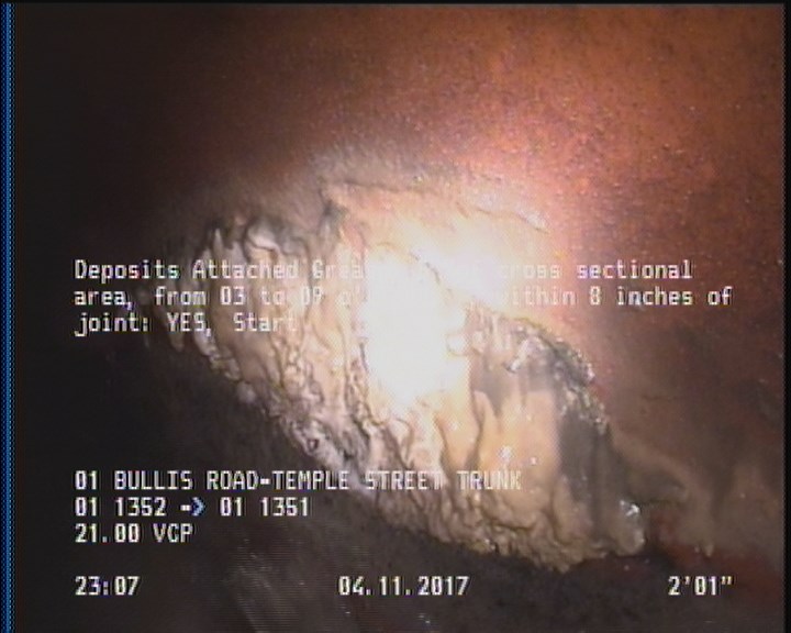 Deposits Attached Grease, 5 %of cross sectional area, from 03 to 09 o'clock, , within 8 inches of joint: YES, Start