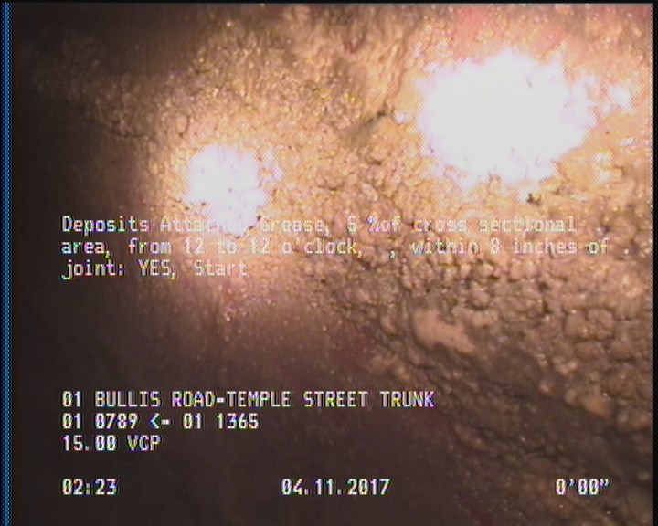 Deposits Attached Grease, 5 %of cross sectional area, from 12 to 12 o'clock, , within 8 inches of joint: YES, Start