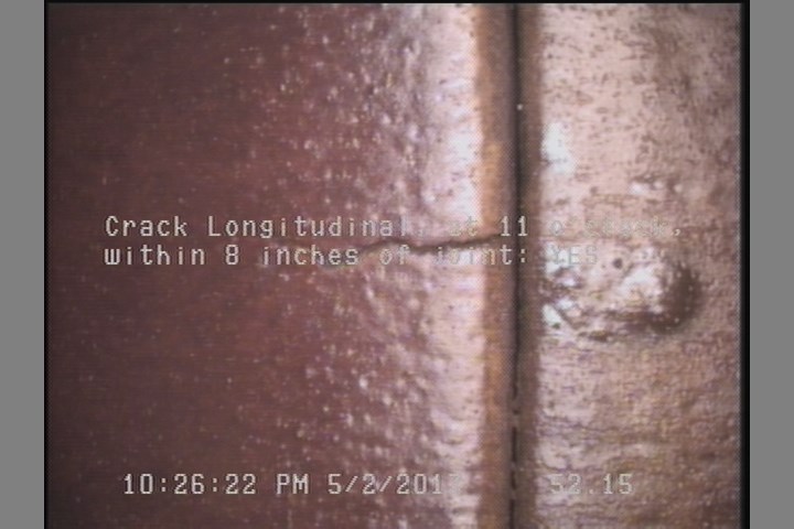 Crack Longitudinal, at 11 o'clock, within 8 inches of joint: YES