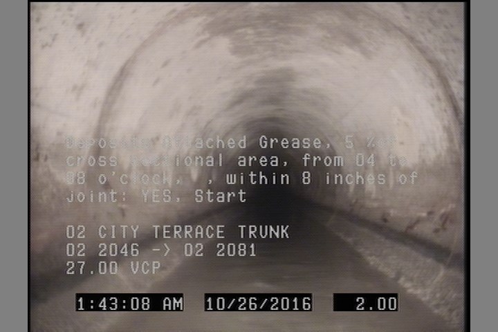 Deposits Attached Grease, 5 %of cross sectional area, from 04 to 08 o'clock, , within 8 inches of joint: YES, Start