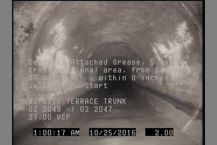 Deposits Attached Grease, 5 %of cross sectional area, from 04 to 08 o'clock, , within 8 inches of joint: YES, Start