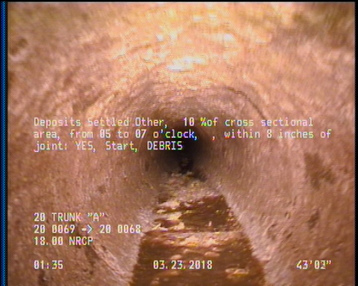 Deposits Settled Other, 10 %of cross sectional area, from 05 to 07 o'clock, , within 8 inches of joint: YES, Start - DEBRIS