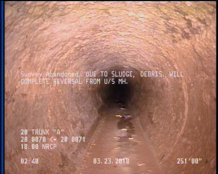 Survey Abandoned - DUE TO SLUDGE, DEBRIS. WILL COMPLETE REVERSAL FROM U/S MH.