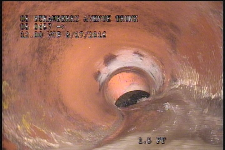Upstream Manhole, Survey Begins - 10:44 AM, PIPE DROPS INTO THE 54" LINE