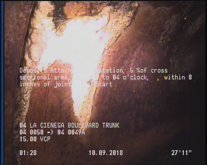 Deposits Attached Encrustation, 5 %of cross sectional area, from 08 to 04 o'clock, , within 8 inches of joint: YES, Start