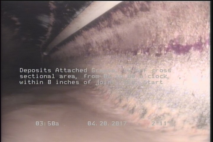 Deposits Attached Grease, 15 %of cross sectional area, from 04 to 08 o'clock, , within 8 inches of joint: YES, Start