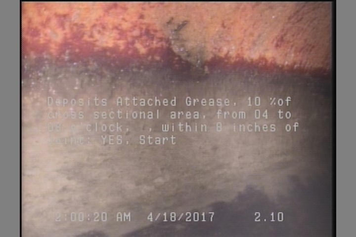 Deposits Attached Grease, 10 %of cross sectional area, from 04 to 08 o'clock, , within 8 inches of joint: YES, Start