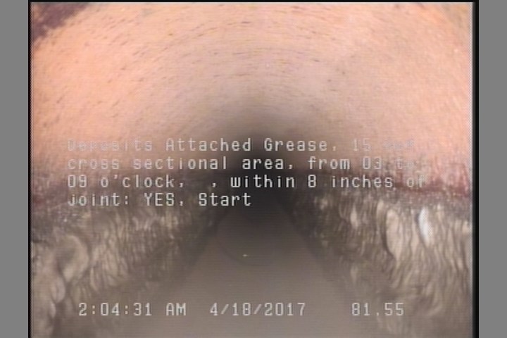 Deposits Attached Grease, 15 %of cross sectional area, from 03 to 09 o'clock, , within 8 inches of joint: YES, Start