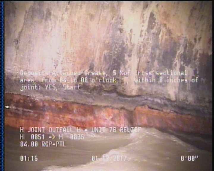 Deposits Attached Grease, 5 %of cross sectional area, from 04 to 08 o'clock, , within 8 inches of joint: YES, Start
