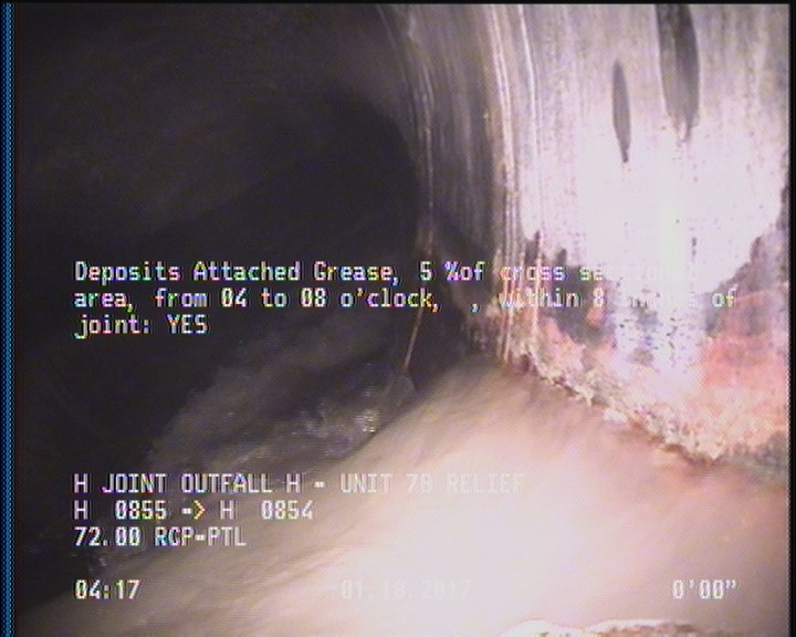 Deposits Attached Grease, 5 %of cross sectional area, from 04 to 08 o'clock, , within 8 inches of joint: YES