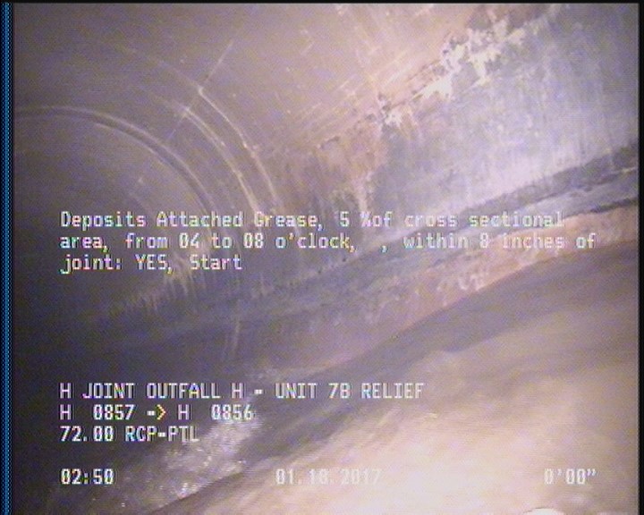Deposits Attached Grease, 5 %of cross sectional area, from 04 to 08 o'clock, , within 8 inches of joint: YES, Start