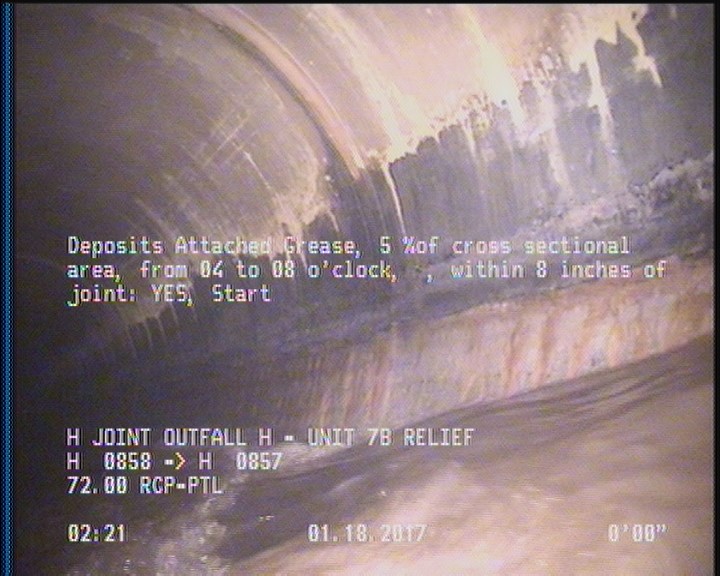 Deposits Attached Grease, 5 %of cross sectional area, from 04 to 08 o'clock, , within 8 inches of joint: YES, Start