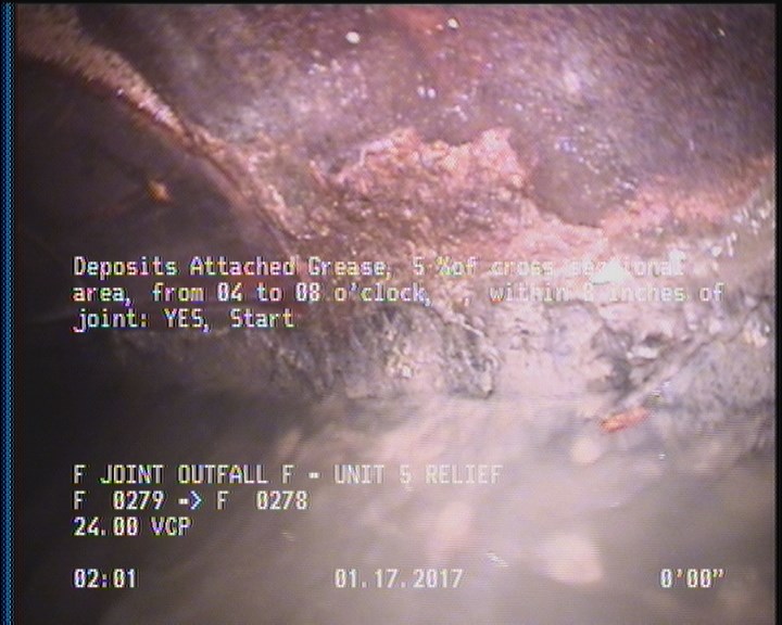 Deposits Attached Grease, 5 %of cross sectional area, from 04 to 08 o'clock, , within 8 inches of joint: YES, Start