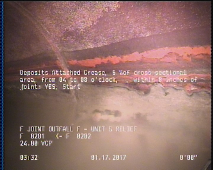 Deposits Attached Grease, 5 %of cross sectional area, from 04 to 08 o'clock, , within 8 inches of joint: YES, Start