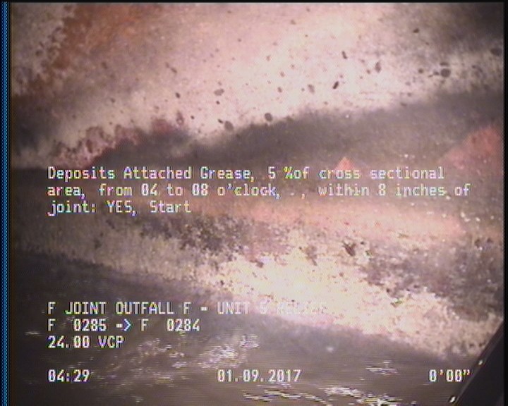 Deposits Attached Grease, 5 %of cross sectional area, from 04 to 08 o'clock, , within 8 inches of joint: YES, Start