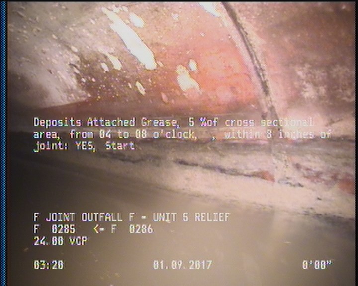 Deposits Attached Grease, 5 %of cross sectional area, from 04 to 08 o'clock, , within 8 inches of joint: YES, Start