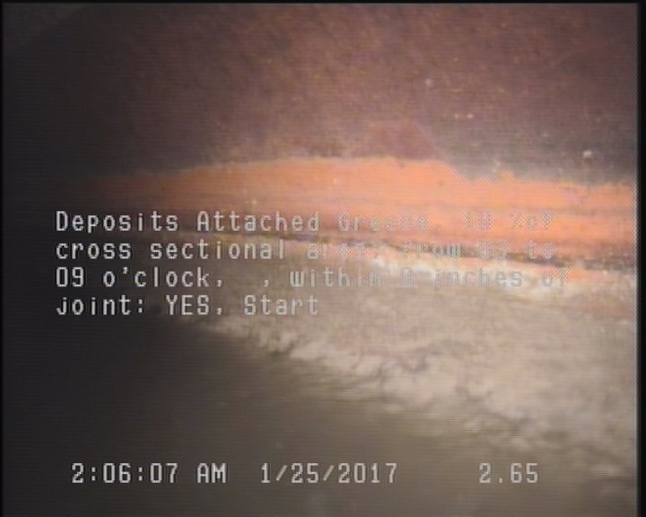 Deposits Attached Grease, 10 %of cross sectional area, from 03 to 09 o'clock, , within 8 inches of joint: YES, Start
