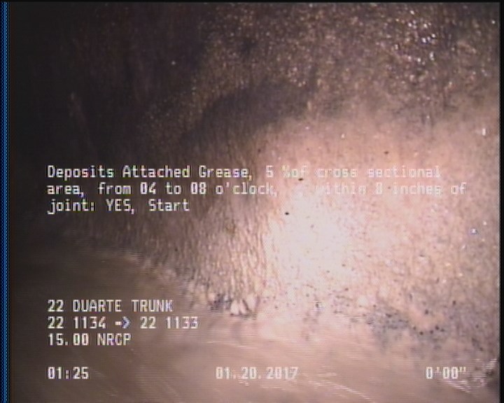 Deposits Attached Grease, 5 %of cross sectional area, from 04 to 08 o'clock, , within 8 inches of joint: YES, Start