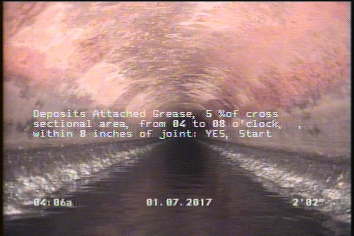 Deposits Attached Grease, 5 %of cross sectional area, from 04 to 08 o'clock, , within 8 inches of joint: YES, Start