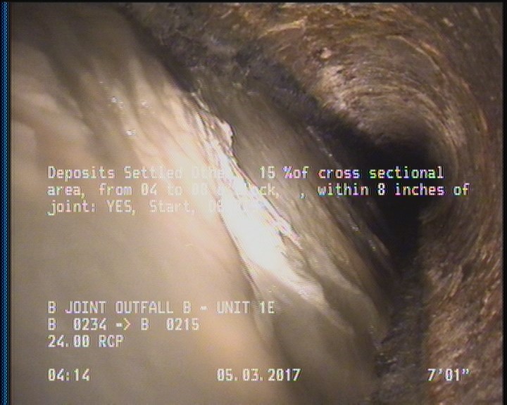 Deposits Settled Other, 15 %of cross sectional area, from 04 to 08 o'clock, , within 8 inches of joint: YES, Start - DEBRIS