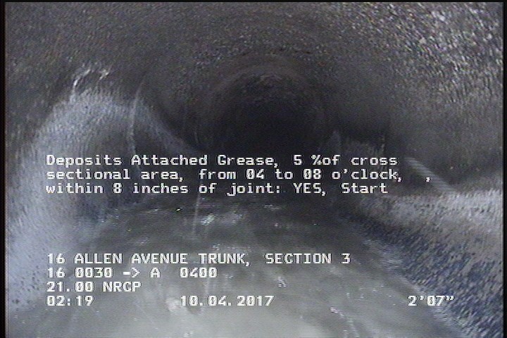 Deposits Attached Grease, 5 %of cross sectional area, from 04 to 08 o'clock, , within 8 inches of joint: YES, Start