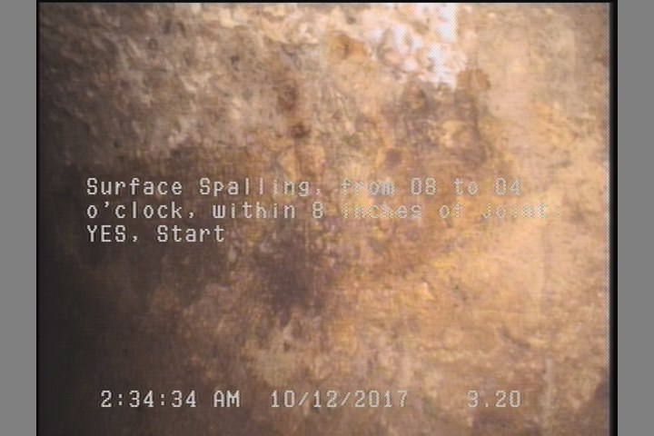 Surface Spalling, from 08 to 04 o'clock, within 8 inches of joint: YES, Start