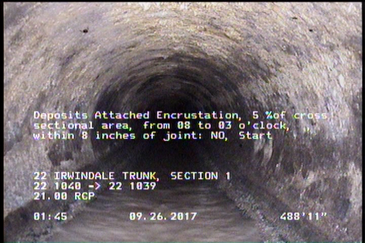 Deposits Attached Encrustation, 5 %of cross sectional area, from 08 to 03 o'clock, , within 8 inches of joint: NO, Start
