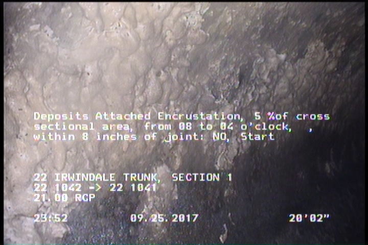 Deposits Attached Encrustation, 5 %of cross sectional area, from 08 to 04 o'clock, , within 8 inches of joint: NO, Start