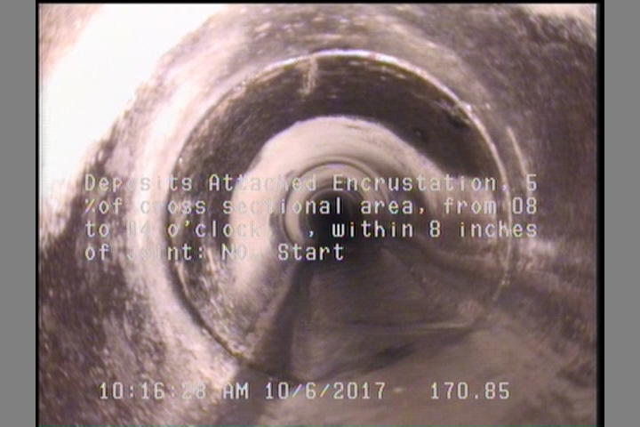 Deposits Attached Encrustation, 5 %of cross sectional area, from 08 to 04 o'clock, , within 8 inches of joint: NO, Start