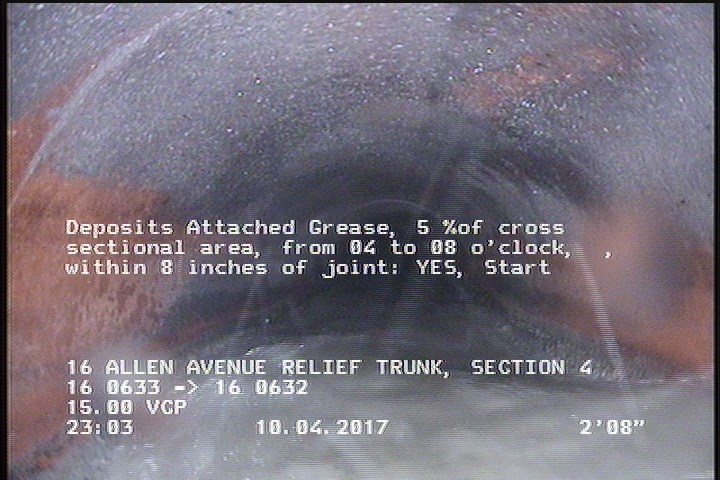 Deposits Attached Grease, 5 %of cross sectional area, from 04 to 08 o'clock, , within 8 inches of joint: YES, Start