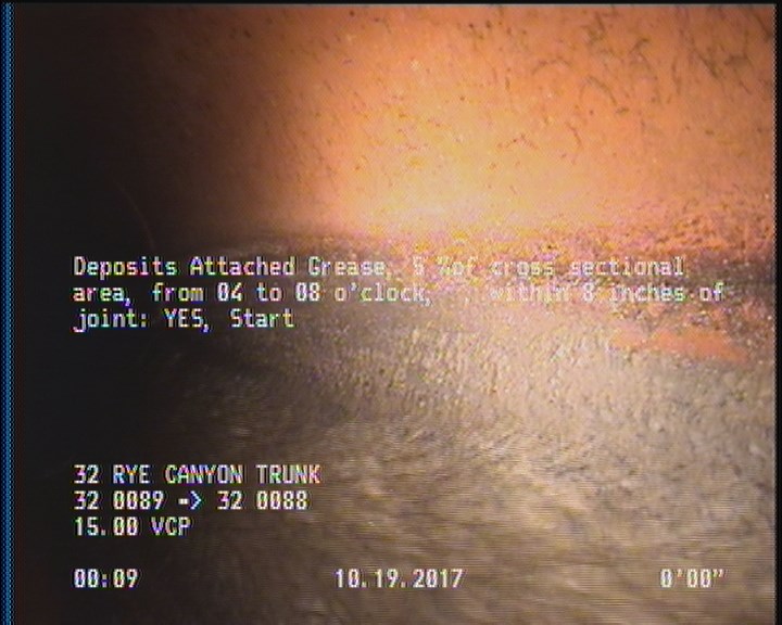 Deposits Attached Grease, 5 %of cross sectional area, from 04 to 08 o'clock, , within 8 inches of joint: YES, Start