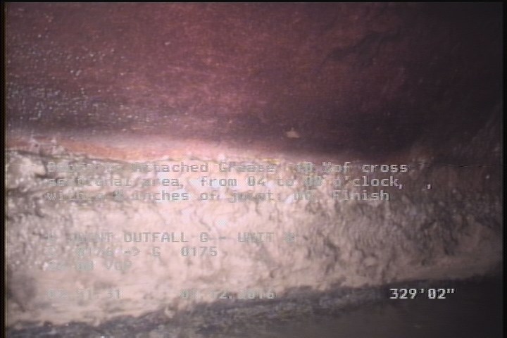 Deposits Attached Grease, 10 %of cross sectional area, from 04 to 08 o'clock, , within 8 inches of joint: NO, Start
