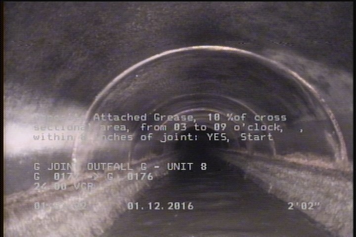 Deposits Attached Grease, 10 %of cross sectional area, from 03 to 09 o'clock, , within 8 inches of joint: YES, Start