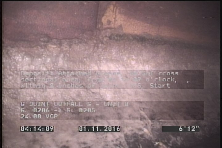 Deposits Attached Grease, 10 %of cross sectional area, from 03 to 09 o'clock, , within 8 inches of joint: YES, Start